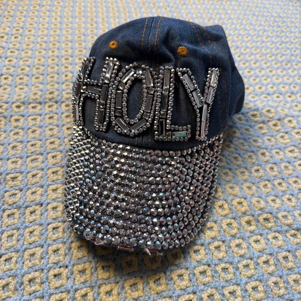 Y2K‎ Mcbling Distressed Denim Holy Crystal Rhinestone Baseball Cap Hat Navy Blue